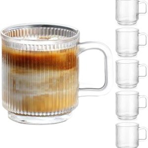6 PACK Premium Glass Coffee Mugs with Handle, 12 OZ Classic Vertical Stripes Glass Coffee Cups,