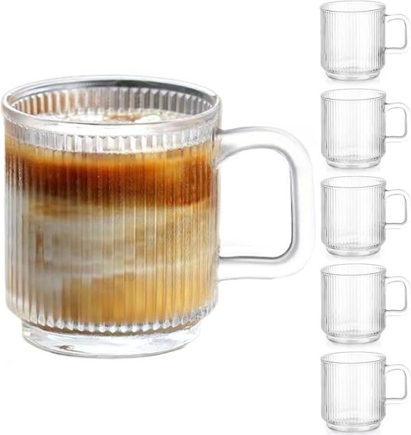6 PACK Premium Glass Coffee Mugs with Handle, 12 OZ Classic Vertical Stripes Glass Coffee Cups,